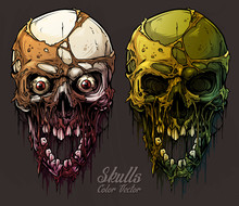 Detailed Graphic Realistic Cool Colorful Human Skulls With Horrible Pieces Of Dead Skin, Eyes, Open Mouth And Broken Teeth. On Gray Grunge Background. Vector Icon Set.