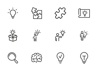 Poster - Solution line icon set. Bulb, puzzle, brain. Idea concept. Can be used for topics like business, startup, project, innovation