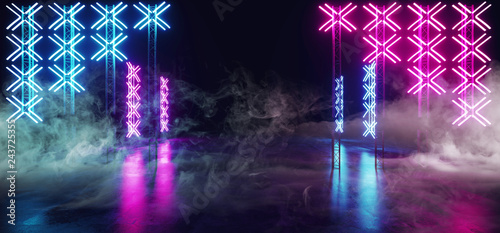 Fotografía Sci Fi Futuristic Modern Cross Shaped Neon Led Lights Scene Stage On Grunge Refl