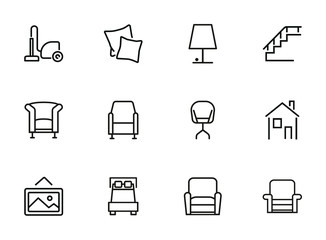 Poster - Furniture line icon set. Set of line icons on white background. Lamp, stair, chair, bed. Interior concept. Vector illustration can be used for household, interior, design