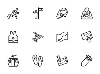 Poster - Travelling line icon set. Set of line icons on white background. Map, lens, route, hiking. Tourism concept. Vector illustration can be used for topics like active lifestyle, swimming