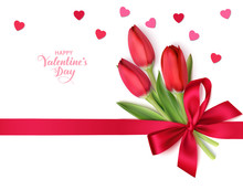 Happy Valentine's Day Design Template. Bouquet Of Red Tulips With Red Bow And Heart Confetti Isolated On White Background. Vector Illustration