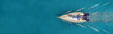 Beautiful Photo Of The Yacht From Above In The Open Sea.