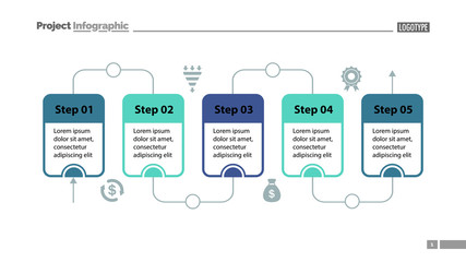 Wall Mural - Five steps process chart slide template. Business data. Flow, diagram, design. Creative concept for infographic, presentation. Can be used for topics like management, workflow, teamwork.