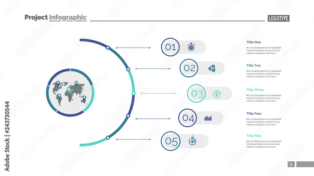Five steps process chart slide template. Business data. Infochart, plan ...