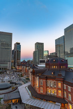 View Of Tokyo Station Building At Twilight Time. Marunouchi Business District, Tokyo, Japan.