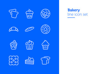 Sticker - Bakery line icon set.Set of line icons on white background. Cupcake, bread, biscuit, pie. Confectionery concept. Vector illustration can be used for topics like sweets, confectionery, bakery, cafe