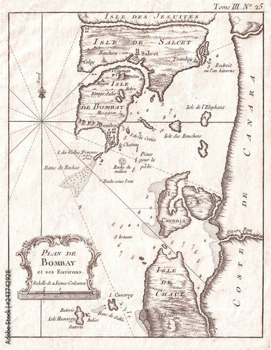 Cuadros en Lienzo 1764, Bellin Map of Bombay, Mumbai India