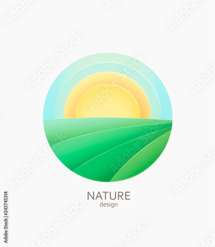 Nature Farm Logo Emblem Or Sticker Simple Landscape With Sun And