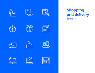 Poster - Shopping and delivery icons. Set of line icons. Cash register, conveyor belt, cardboard box. Logistics concept. Vector illustration can be used for topics like shipping, transportation, business