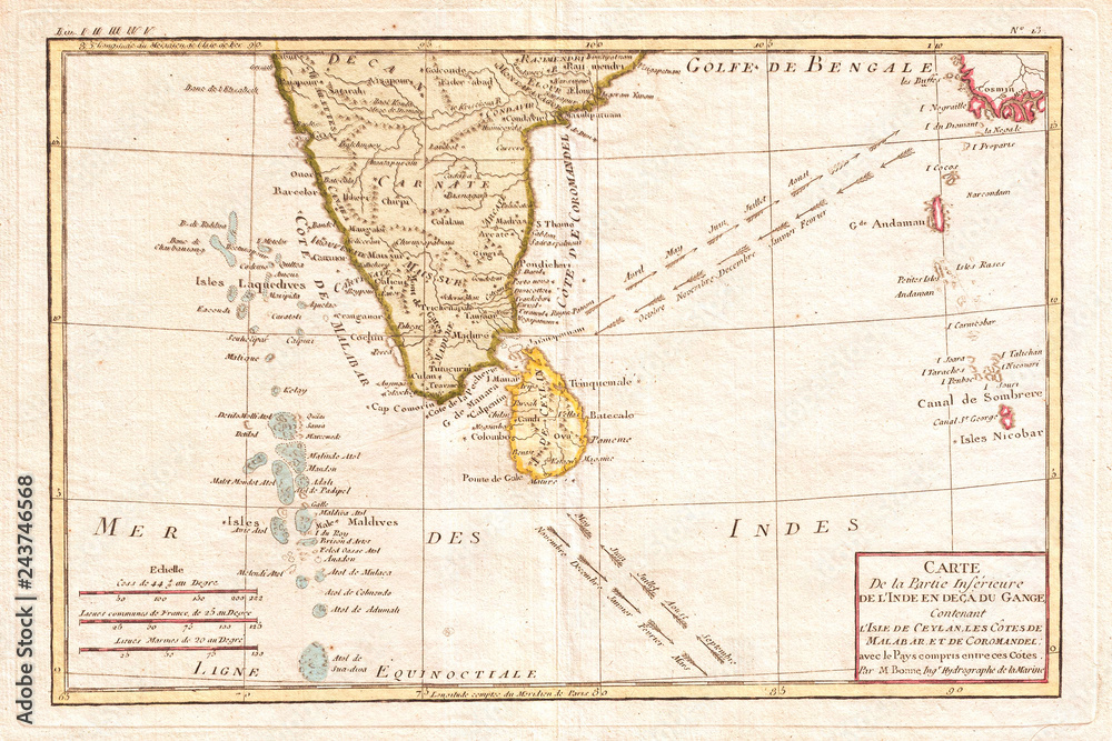 1780, Bonne Map of Southern India, Ceylon, and the Maldives, Rigobert Bonne 1727 – 1794, one of the most important cartographers of the late 18th century - obrazy, fototapety, plakaty 