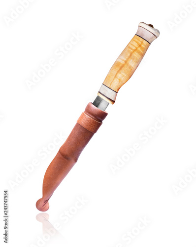 Fotografía Handmade knife with sheath closeup, isolated on white background