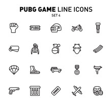 PUBG Game Line Icons. Vector Illustration Of Combat Facilities. Linear Design. The Set 4 Of Icons For PlayerUnknown's Battlegrounds.