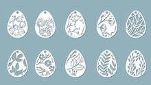 Bell, Leaves, Flowers, Fern, Chamomile Carved In Egg. Set Of Paper Easter Egg Stickers. Vector Illustration. Sticker Set. Pattern For The Laser Cut, Serigraphy, Plotter And Screen Printing.