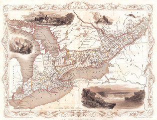 Fototapete - 1850, Tallis Map of West Canada or Ontario, includes Great Lakes