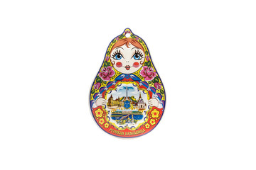 ceramic souvenir toy in the form of matryoshka with beautiful color painting on isolated white background reflecting the national Russian culture with the inscription in Russian: Russian beauty