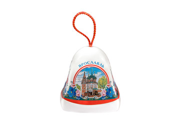 ceramic souvenir toy in the form of bell with beautiful color painting on isolated white background reflecting the national Russian culture with the inscription in Russian: city name Yaroslavl