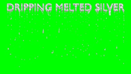 Animated dripping a lot of silver paint or ink or liquid metal from all caps text Dripping Melted Silver. Liquid is dripping from three dimensional letters against green background.