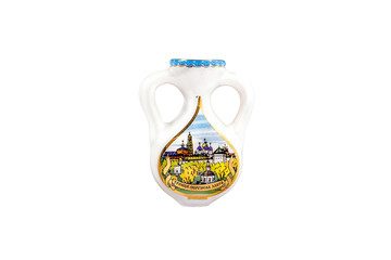 Wall Mural - ceramic souvenir toy in the form of jug with beautiful color painting on isolated white background reflecting the national Russian culture with the inscription in Russian: The Trinity-Sergius Lavra