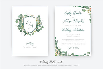 Wedding double invite, invitation, save the date card floral design. Botanical monogram: creamy wax flower, Eucalyptus  green branches,  greenery leaves wreath & dusty blue frame. Elegant tamplate set