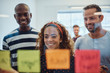 © Flamingo Images - Smiling work colleagues brainstorming with sticky notes in an of