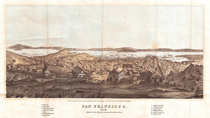 Fototapete - 1856, Henry Bill Map and View of San Francisco, California
