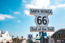 Los Angeles, USA. January 15, 2019. "Santa Monica 66 End Of The Trail" Sign. Famous End Of Route 66.