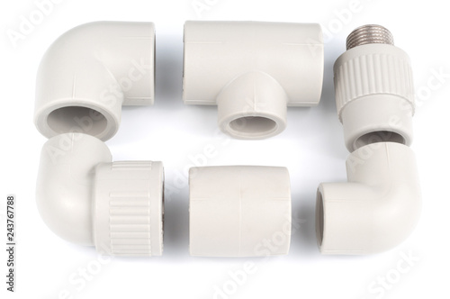 Fotografía Plastic fittings for polypropylene pipes on a white background