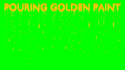 Animated dripping a lot of Gold paint or pigment or ink or melted gold from all caps text Pouring Golden Paint. Liquid is dripping from three dimensional letters against green background.