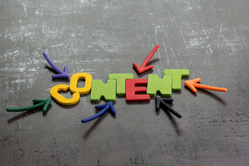 Poster - Colorful arrows pointing to the word CONTENT at the center on black cement wall, content is king in advertising and communication concept,  creativity of using content on website and social media