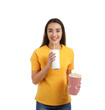 Woman with popcorn and beverage during cinema show on white background