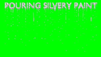 Animated dripping a lot of silver paint or ink or liquid metal from all caps text Pouring Silvery Paint. Liquid is dripping from three dimensional letters against green background.