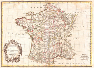 Fototapete - 1771, Bonne Map of France, Rigobert Bonne 1727 – 1794, one of the most important cartographers of the late 18th century