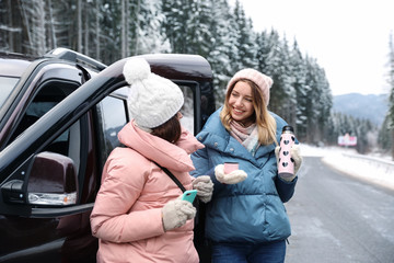 Wall Mural - Friends standing near car on road. Winter vacation