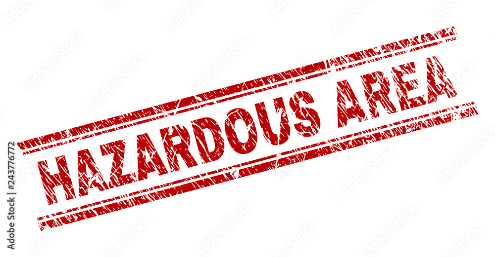 HAZARDOUS AREA seal watermark with corroded texture. Red vector rubber ...