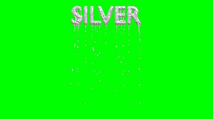 Animated dripping a lot of silver paint or ink or liquid metal from all caps text Silver. Liquid is dripping from three dimensional letters against green background.