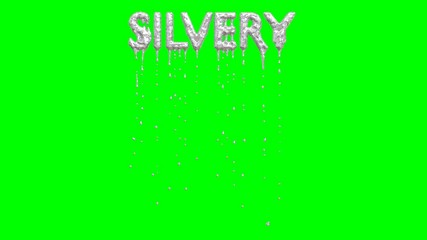 Animated dripping a lot of silver paint or ink or liquid metal from all caps text Silvery. Liquid is dripping from three dimensional letters against green background.
