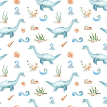 Watercolor Dinosaur Prehistoric Period. Illustration Of An Elasmosaurus Underwater For Kindergarten, Wallpaper, Cards, Invitations, Childish Design. Seamless Pattern.