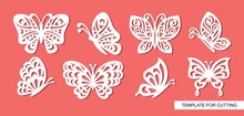 Set Of Openwork Butterflies. Template For Laser Cut, Wood Carving, Paper Cutting And Printing. Vector Illustration.