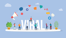 Viral Social Media Information Content With Team People Standing Around It With Big Text And Various Icon - Vector
