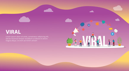 Poster - viral social media information content with team people standing around it with big text and various icon for website design page for landing ui with free space for text - vector