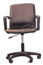 Damaged Black Leather Office Chair Isolated On White Background With Clipping Path.