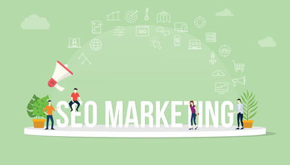 Poster - seo search engine optimization marketing concept with team people working together with big text title banner and icon about it spreading flying with loudspeaker - vector