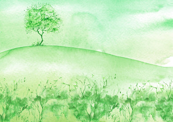 Watercolor summer landscape. Green tree, bush on a bright grass. Beautiful art illustration. A tree on a hill, a slope, a country landscape, thickets. Abstract logo, splash of green paint