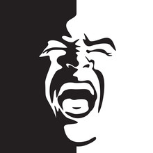 Screaming Face Shout In Black And White Vector Graphics. Emotional Scream Of A Man With Open Shouting Mouth - Expression Drawing In Graffiti Style.