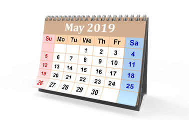 May month 2019 year calendar on a white background. 3d illustration 