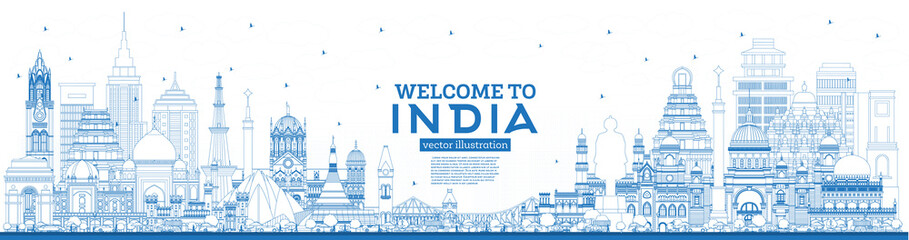 Wall Mural - Outline Welcome to India City Skyline with Blue Buildings.