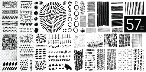 Vector set of black design elements and textures isolated on white background. Black ink, brush strokes, stains,blots, splatters, spray. Triangles, waves, ovals, hearts, strokes, frames, arrows, patte