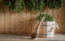 A Wooden Bucket And A Birch Broom In A Russian Bath. Sauna.