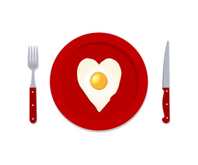 Fried eggs in the shape of a heart on a red plate. There are also red fork and knife in the picture. Festive breakfast for Valentine's Day. Vector illustration on a white background